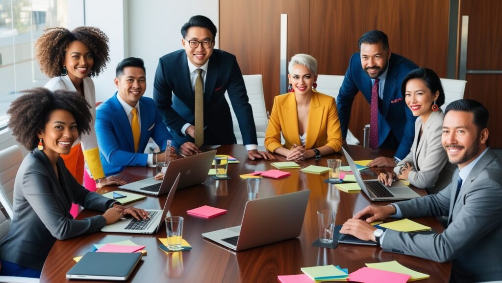 Diverse team collaborating in a modern workplace, showcasing effective communication and teamwork.